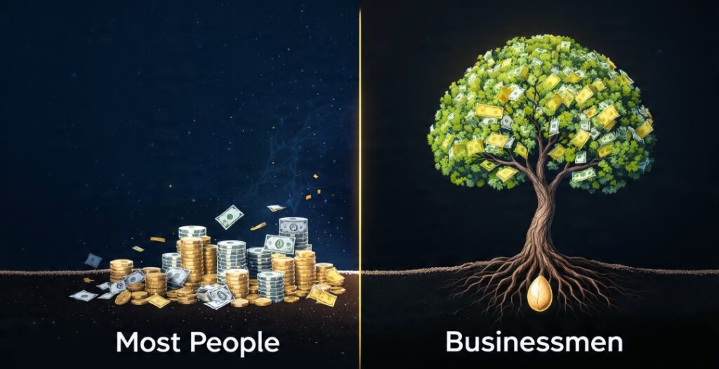 Illustration contrasting how most people see money as something to spend versus businessmen who see money as a seed that grows more money