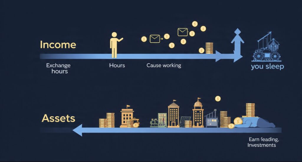 Diagram contrasting income that stops when you stop working with assets that keep producing money continuously even while you sleep