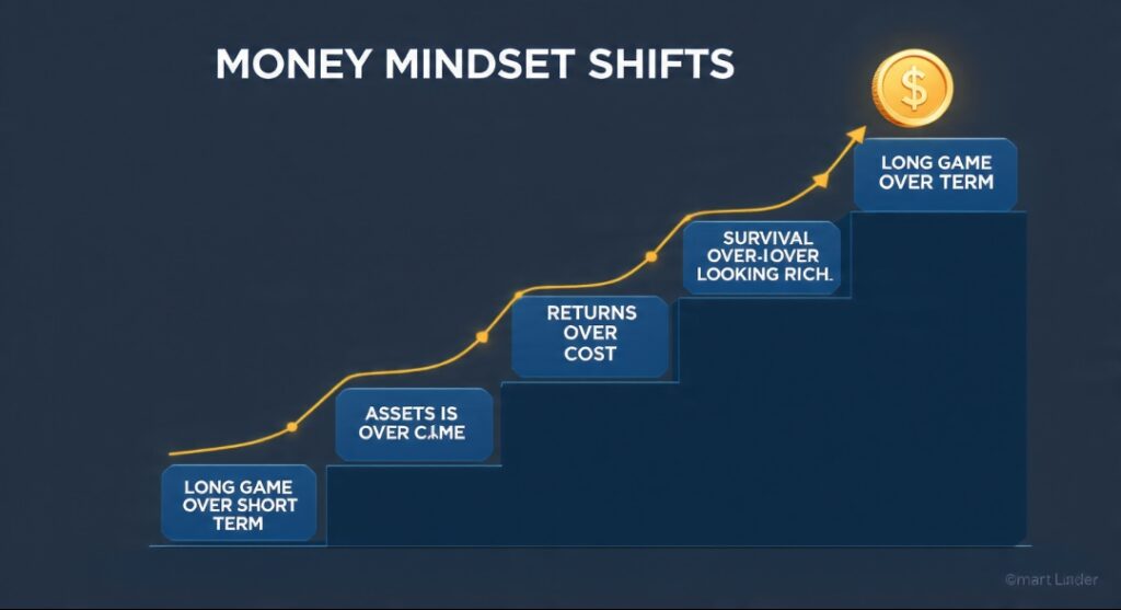 Infographic showing five money mindset shifts as steps rising toward wealth — money as a tool, assets over income, survival, returns, and long game