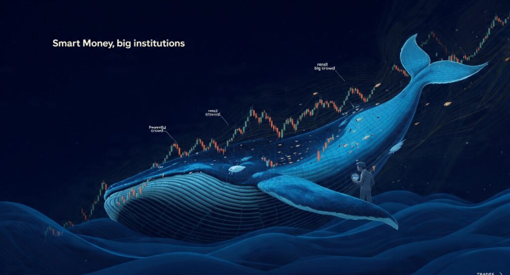 Illustration of Smart Money Concepts showing large institutions moving the market while a trader reads their footprints on the chart