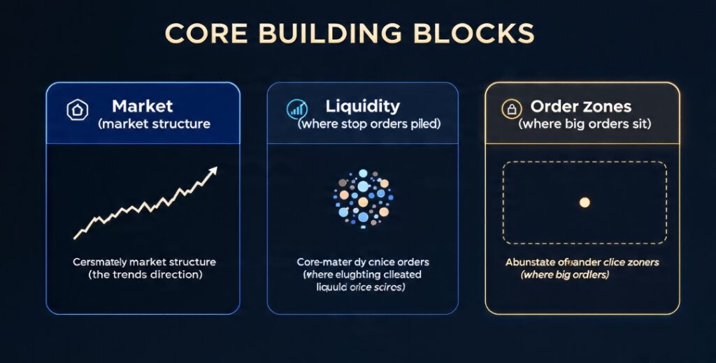 Infographic showing three core Smart Money Concepts building blocks: market structure, liquidity, and order zones