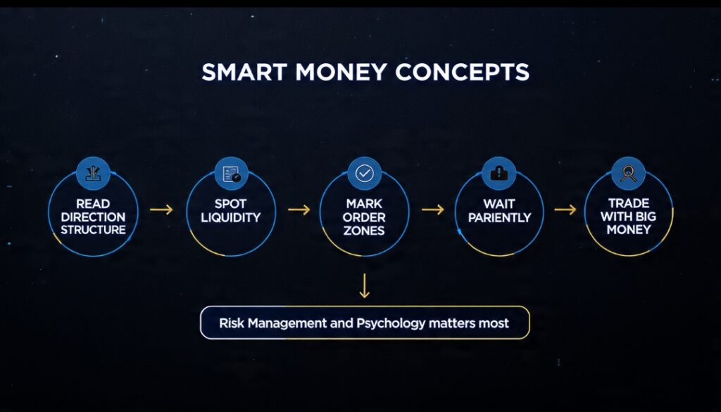 Infographic showing the SMC flow of reading direction, spotting liquidity, marking zones, waiting, and trading, built on a foundation of risk management and psychology