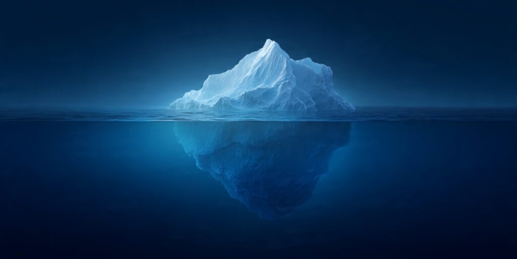 Iceberg diagram showing visible progress above water and hidden compounding skill, trust, and capital below the surface.