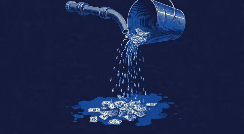 Income pouring into a leaking bucket showing how lifestyle spending drains away wealth before it can accumulate.