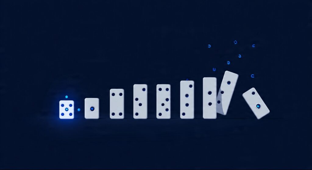 Falling dominoes showing how one small purchase triggers a chain of follow-up purchases in the Diderot Effect.
