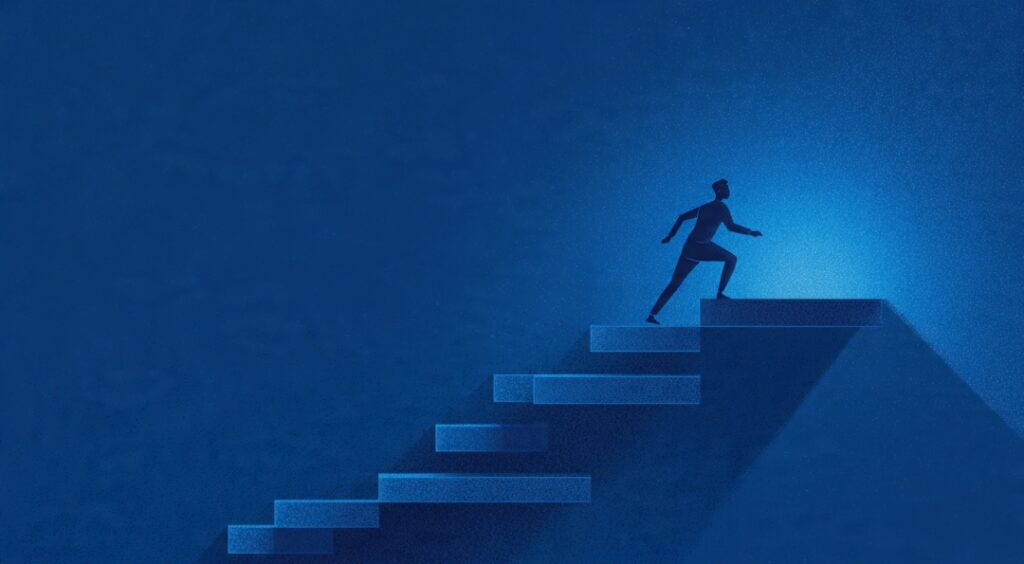 A person climbing toward contentment on a treadmill that keeps moving the finish line away, illustrating why the Diderot spiral never ends.