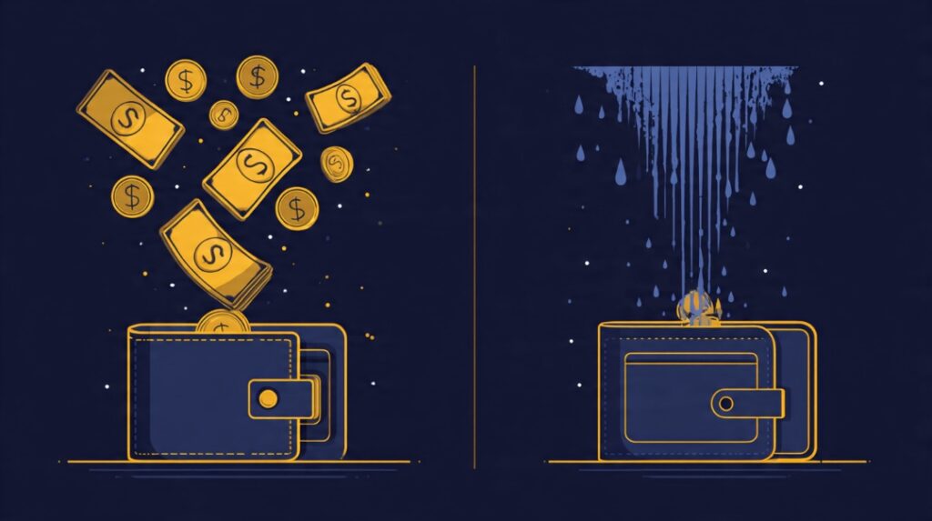 Comparison showing money left available and drained versus money removed into a vault first so expenses shrink to fit, using Parkinson's Law in reverse.