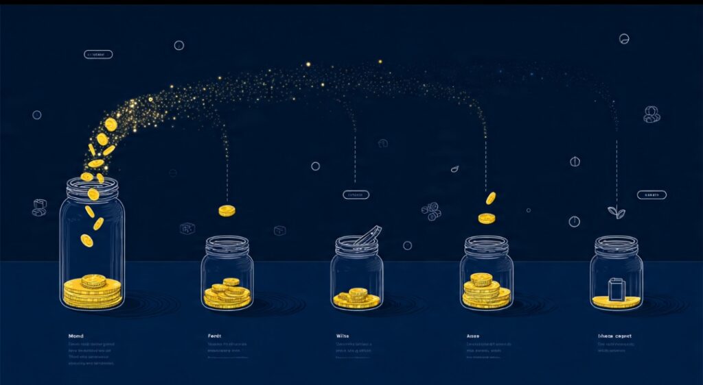 Income split into labeled jars with the largest share sealed for investing first, showing how to give every dollar a job and beat Parkinson's Law.