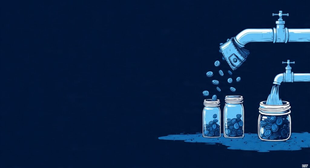 Conceptual editorial illustration on a deep navy background, left side a small figure straining to hold back a wave of coins with bare hands looking exhausted, right side the same wave calmly channeled by a sturdy dam and pipes into neat reservoirs, minimalist flat-vector finance style, blue tones, high contrast, minimal text.

Alt Text: A person struggling to hold back expenses by willpower versus a built system that automatically channels money, showing why automated budgeting works.