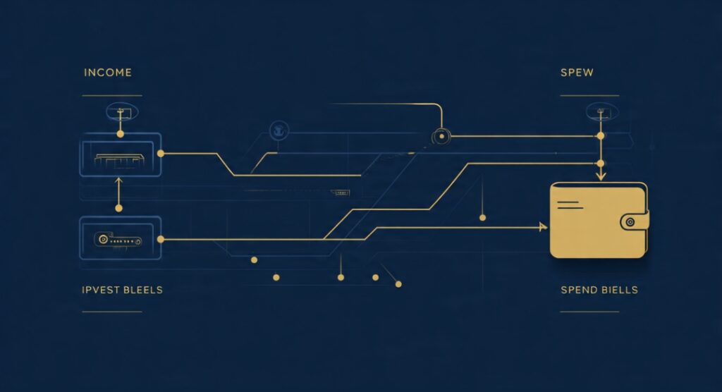 Income automatically splitting into investing, fixed bills, and free spending — the reverse budgeting system that works without tracking.