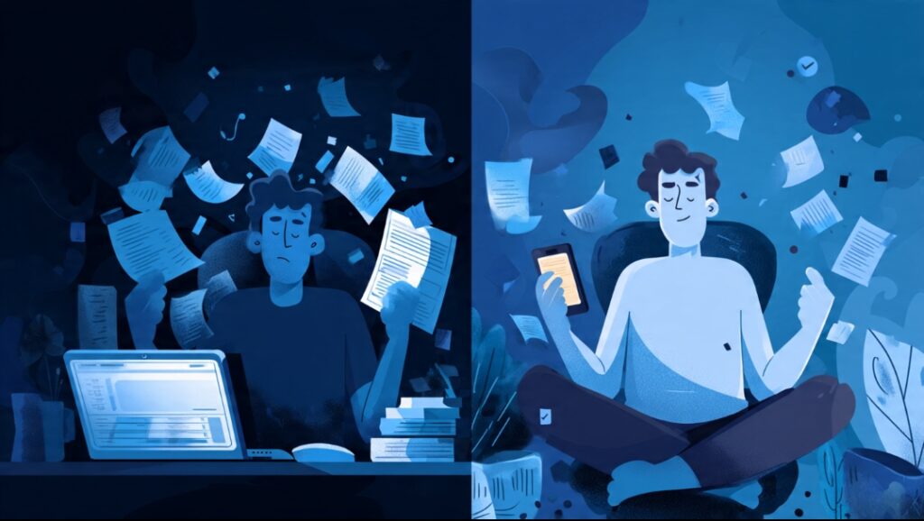 A stressed person tracking every expense versus a relaxed person using one automated system, contrasting traditional and reverse budgeting.
