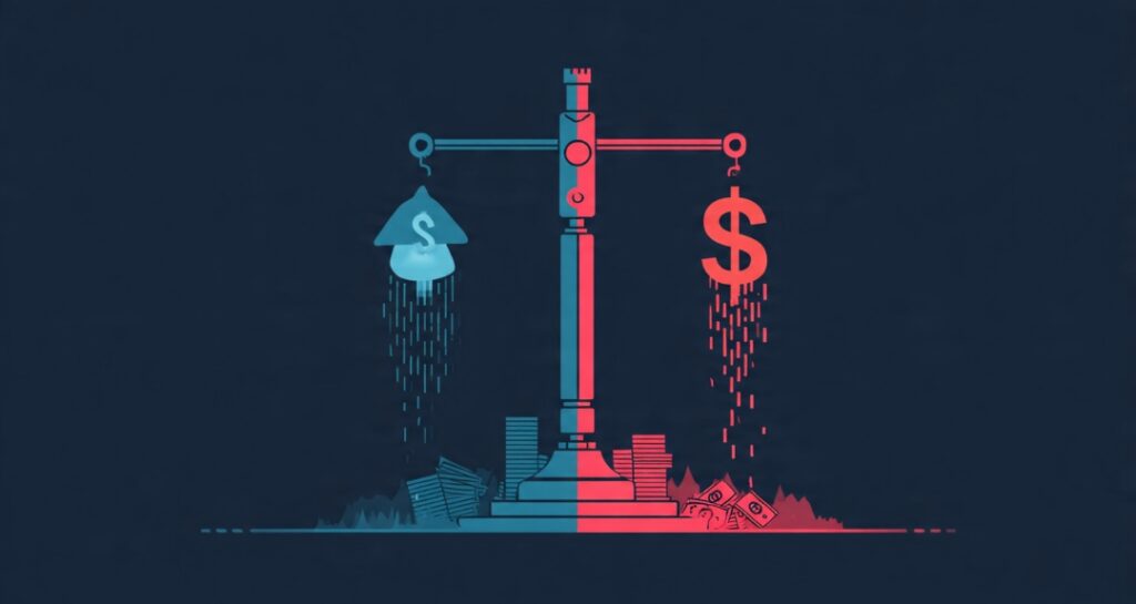 Debt shown as a lever that lifts wealth when aimed at assets and drives losses when aimed at consumption, illustrating good debt vs bad debt.