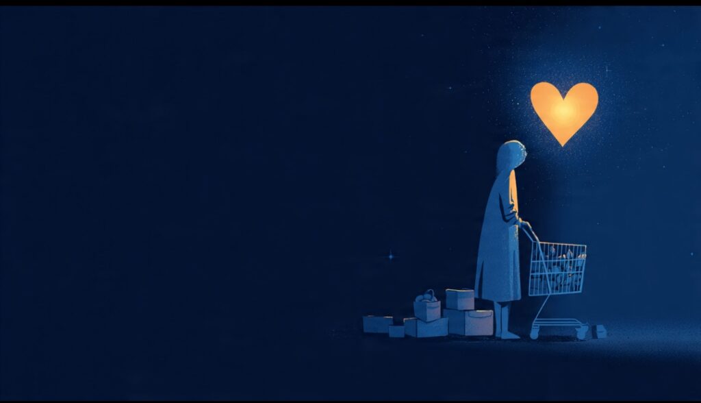 A person posting shopping packages into an empty void in their chest that never fills, illustrating that emotional spending cannot fill an emotional need.