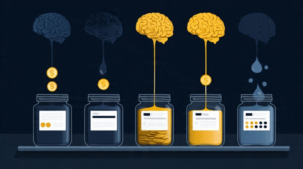 Identical coins sorted into different labeled jars by source, illustrating how mental accounting treats the same money differently.