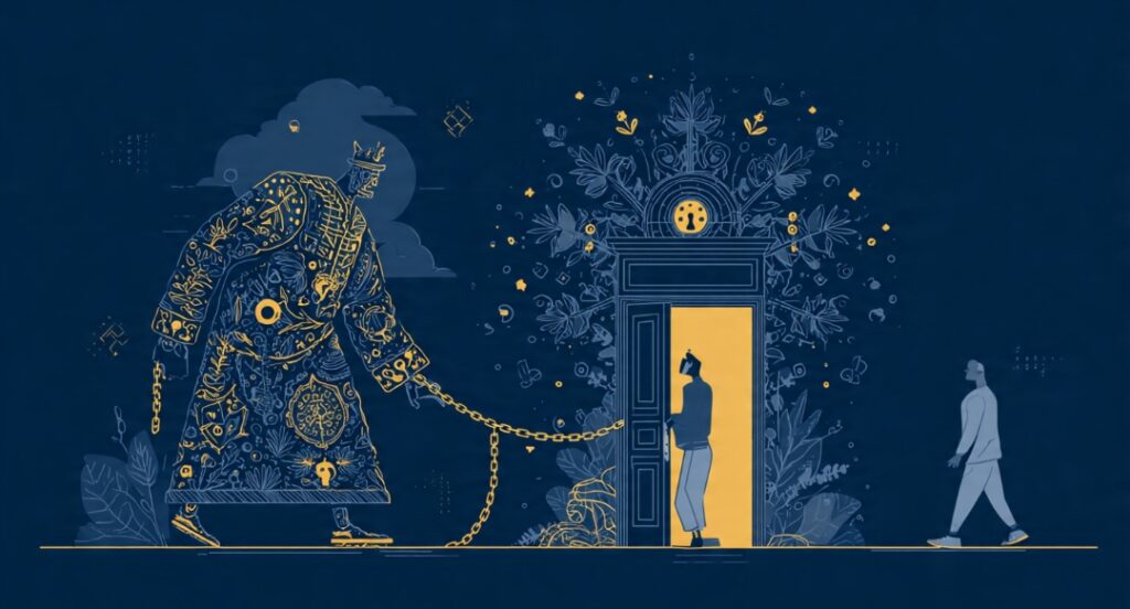 A person trapped performing wealth for an audience versus a plainly dressed person walking freely through a door of options, showing what stealth wealth really buys.