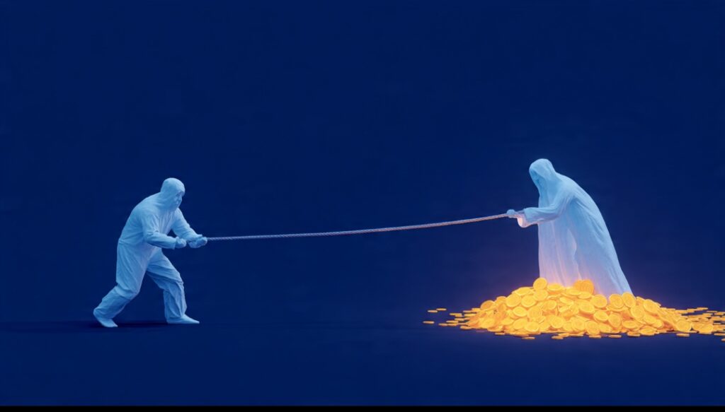 A tug-of-war over money between a solid present self and a faded future self, illustrating why present bias wins.