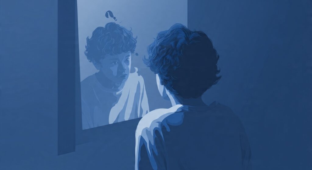 A person not recognizing their older future self in a mirror, illustrating why the brain treats the future self like a stranger.