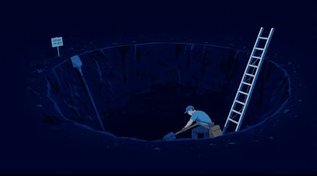 A person continuing to dig a hole deeper because they're already deep, ignoring the ladder out, illustrating the sunk cost trap.