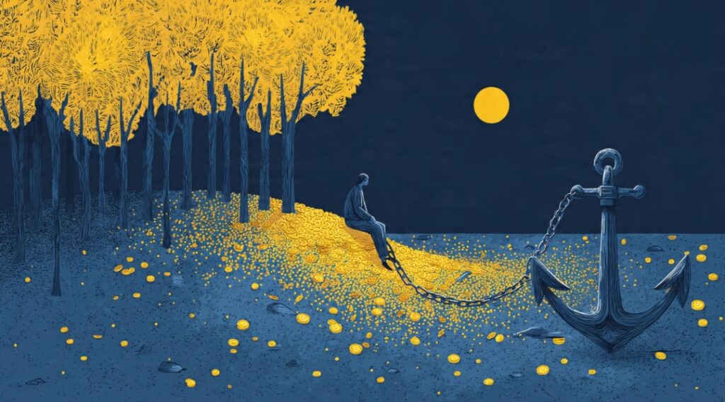 A person chained to a dead sunk cost, unable to reach growing opportunities, illustrating the opportunity cost of the sunk cost trap.