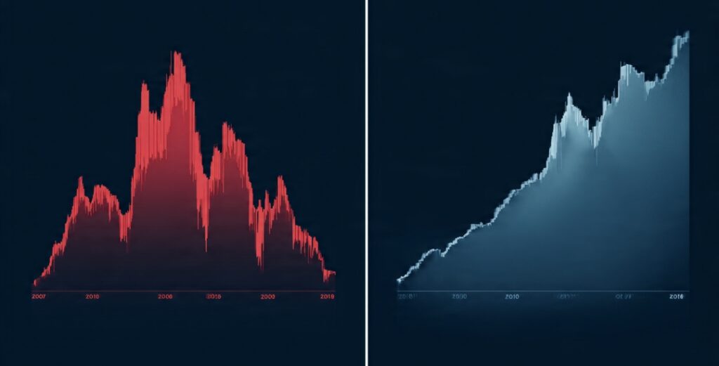 A loss that looks huge zoomed in but is a tiny blip on a long upward curve when zoomed out, the key to beating loss aversion.