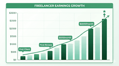 Freelancer earnings growth chart — from first client to $2000 per month milestone progression
