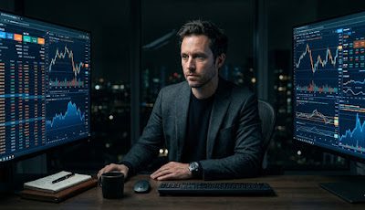 Patience in trading — a disciplined professional trader waiting for the right setup in a dark office