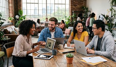 How to start freelancing in 2026 — diverse professionals collaborating in modern co-working space
