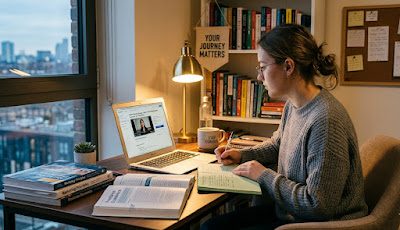 Learning freelance skills online — woman studying digital marketing and freelance economics