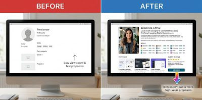 Freelancer profile optimization — weak vs optimized profile comparison for more client inquiries