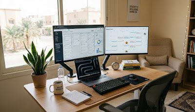 Freelance home office setup — dual monitor project management and calendar workspace