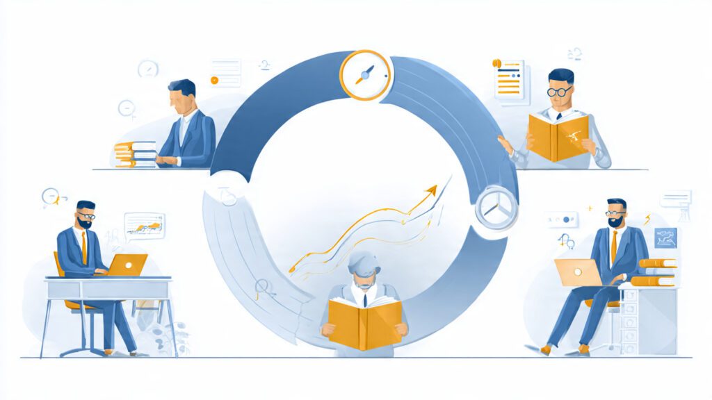 Continuous learning cycle — successful businessmen reading reflecting implementing and improving daily