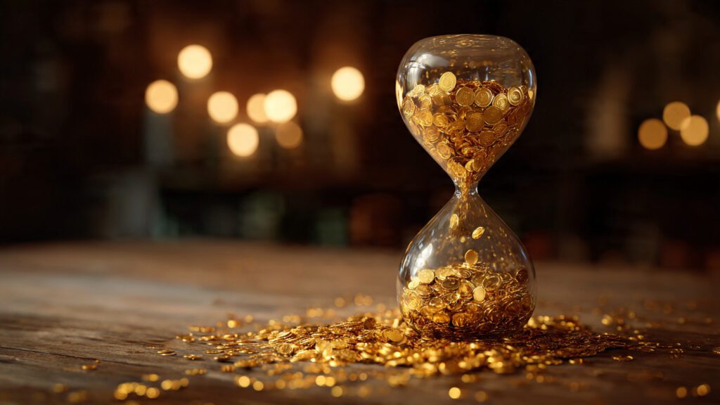 Hourglass with gold coins representing patient uninterrupted compounding over time