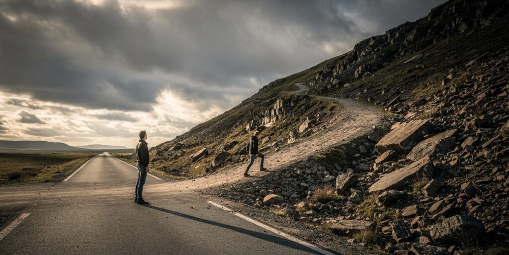 Person choosing the harder path at a crossroads representing mindset change decision