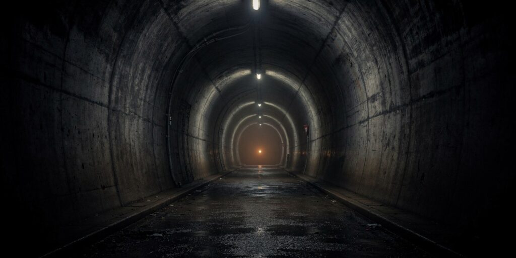 Dark tunnel with light at the end representing the difficult phase of mindset rewiring
