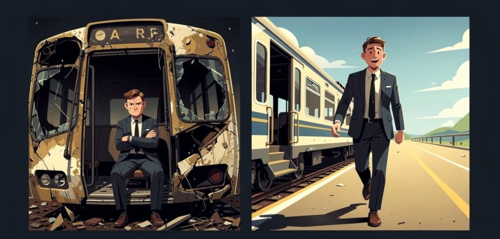 Split image showing entrepreneur staying on wrong path versus stepping off and pivoting to new direction — wrong train business principle