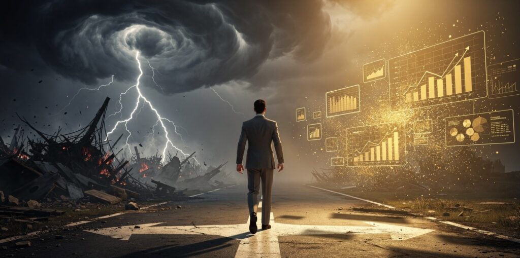 Businessman choosing calculated risk over reckless risk at crossroads