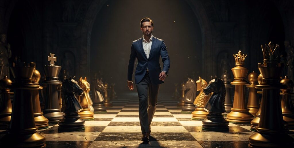 Businessman making calculated strategic decisions on a chessboard