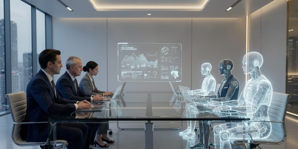 Future enterprise boardroom with human executives and AI agent team collaborating