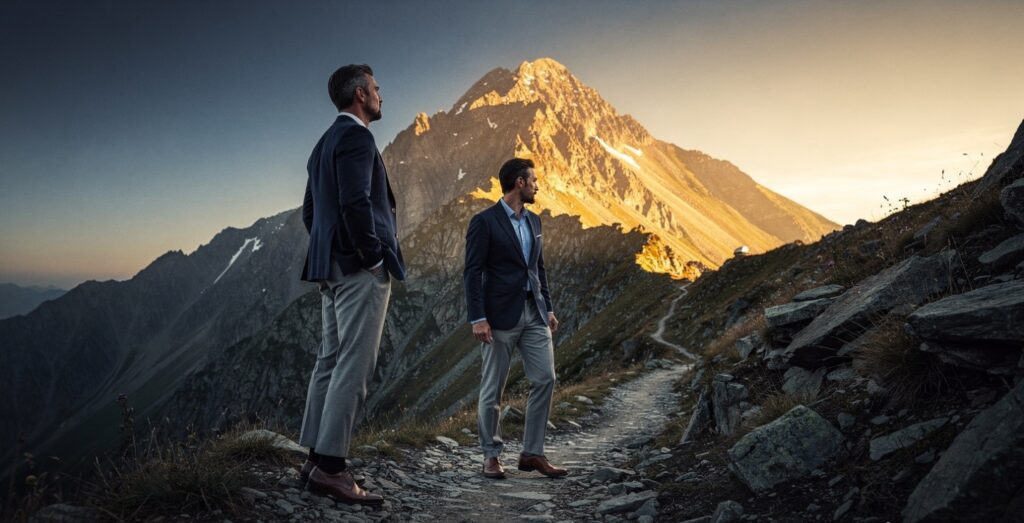  Entrepreneur standing at bottom of mountain looking upward — representing recovery and determination after business failure