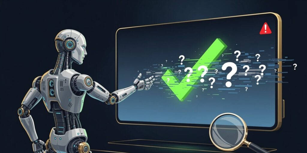  Illustration of an AI confidently presenting a fabricated answer — representing AI hallucinations that are confident but false
