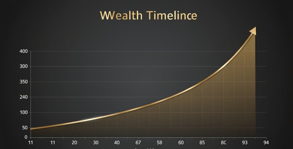 Warren Buffett wealth timeline showing compounding rewards patience after decades