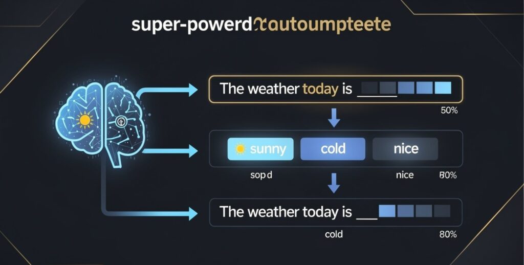 Diagram showing how an LLM predicts the next word one at a time like a super-powered autocomplete to build sentences