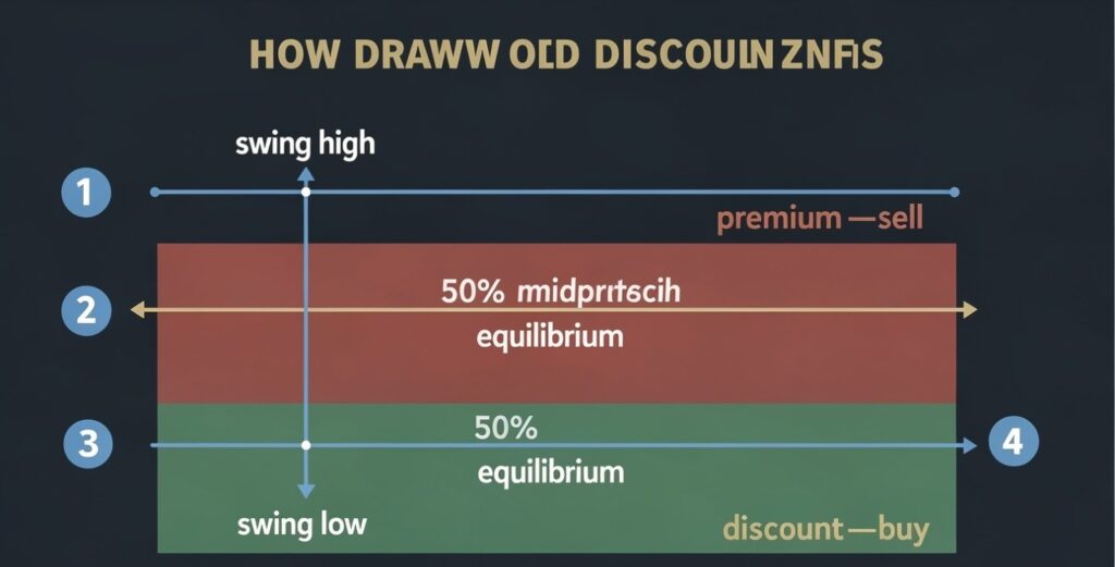  Step-by-step diagram showing how to draw premium and discount zones using the high, low, and 50% midpoint of a price range