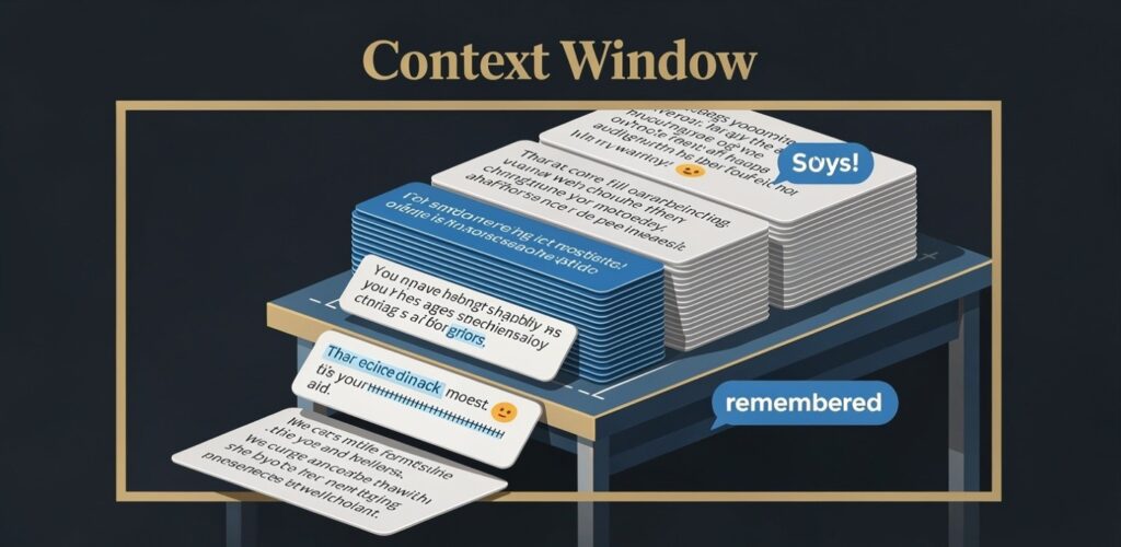 Illustration showing the AI context window as a limited frame where older messages fall outside and are forgotten while recent ones stay visible