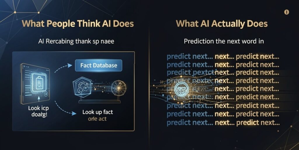 Diagram contrasting the myth that AI looks up facts versus the reality that AI predicts plausible next words, explaining hallucinations