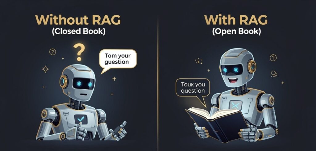  Split illustration comparing AI answering from memory without RAG versus confidently referencing documents with RAG like an open-book exam