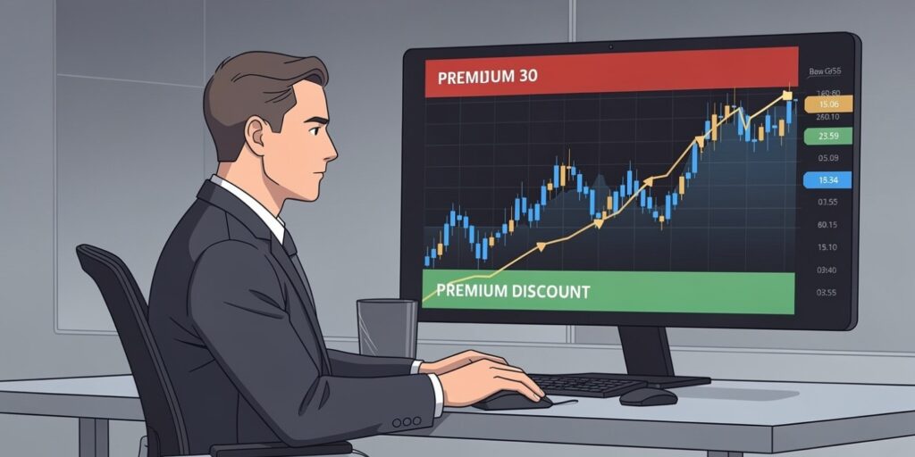  Disciplined trader patiently waiting for price to reach the discount zone before buying instead of buying in premium — emotional discipline in trading