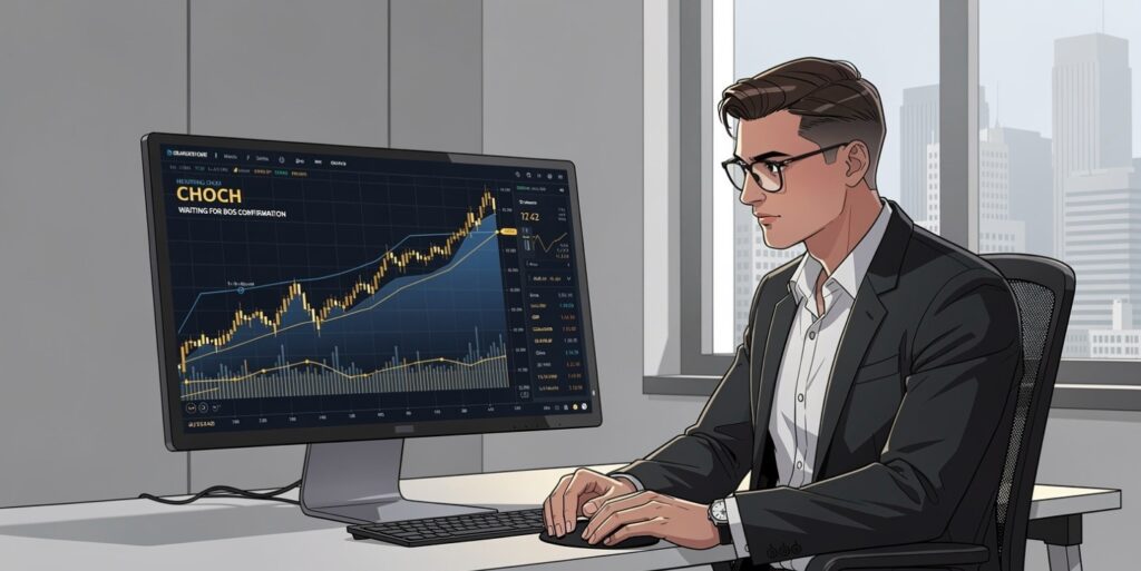  Confident trader reading market structure calmly identifying CHoCH and waiting for BOS confirmation before acting — disciplined structure reading