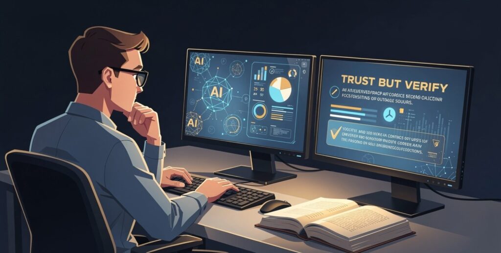  A critical AI user verifying an AI answer against a reliable source — the responsible trust-but-verify approach to AI hallucinations