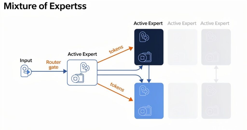  Mixture of Experts model architecture with routing to selected experts